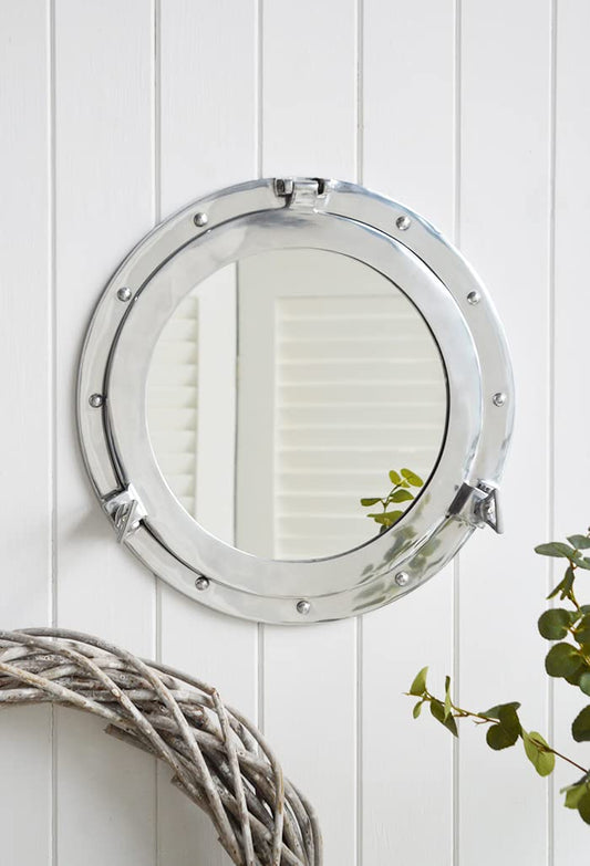 Aluminum Porthole Mirror and Window – Vintage Maritime Coastal Decor | Nautical Wall Accent for Home, Office, or Boat – Decorative Porthole Window (Grey, Mirror, 24 inch)