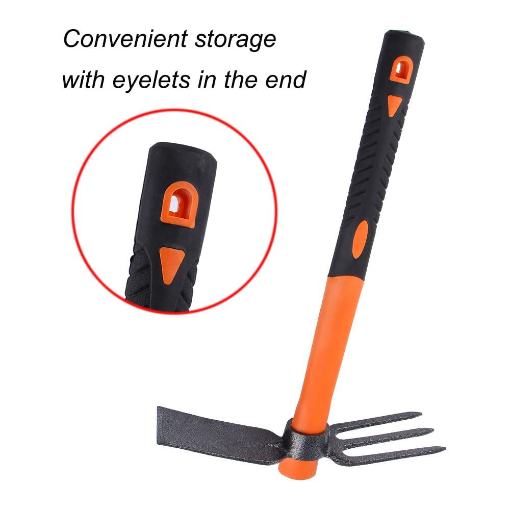 LUBAN 3 Sprongs Dual Head Rake Hoe with Heavy Duty Forged Adze and Ergonomic Non-Slip Handle for Loosening Soil, Gardening, Camping Outdoor 39mm/15-Inch