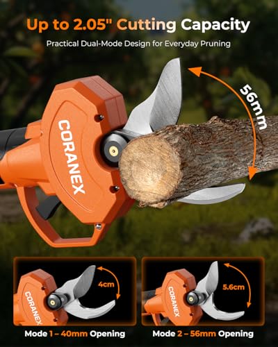 CORANEX 2.05'' / 56 mm Cordless Electric Pruning Shears | Longer Runtime | Brushless Motor | Anti-Slip Handle | Safety Switch | Ideal for Garden, Orchard & Tree Trimming