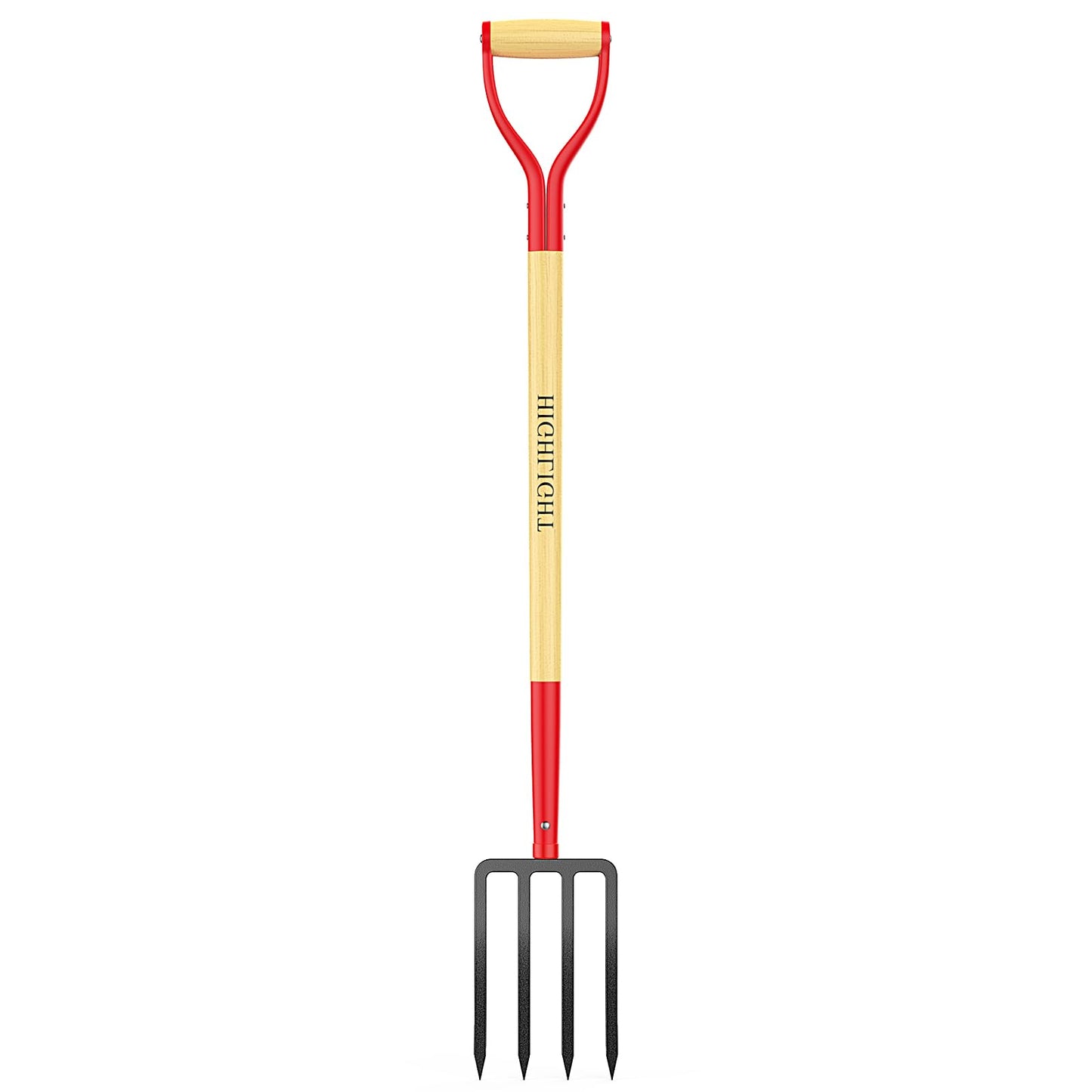 HIGHLIGHT Garden Fork, 4-Tine Spading Fork, Compost Fork, Steel Digging Fork, 45Inch, Steel D-Grip, Wooden Handle