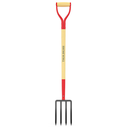 HIGHLIGHT Garden Fork, 4-Tine Spading Fork, Compost Fork, Steel Digging Fork, 45Inch, Steel D-Grip, Wooden Handle