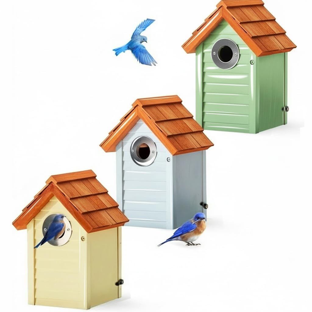 3pk Bluebird Bird Houses for Outside Clearance - Bird House for Wall Mounting - Tree Swallow Nest Box with Stainless Steel Predator Guard - Cedar Shingles Roof UV Painting - 10 Years Outdoor