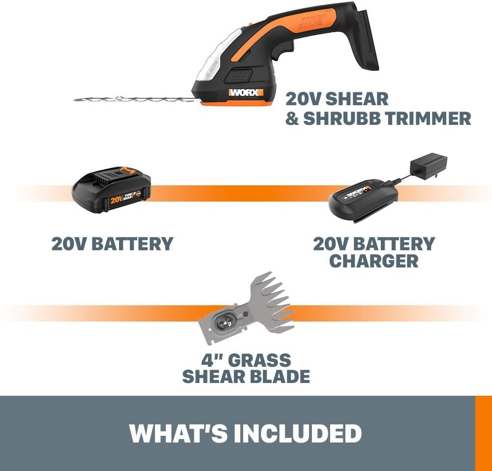 WORX 2 in 1 Cordless Hedge Trimmer, 4" Grass Shear & 8" Shrub Trimmer with 2 Blades, Battery & Charger Included, WG801