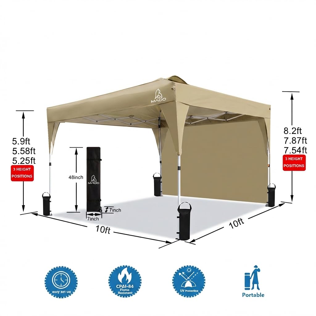 MAOO 10x10 Pop Up Canopy Tent with Sidewall, Easy Setup Instant Outdoor Canopy, 210D Silver Coated Waterproof UPF 50+ Sun Shade Shelter, Heavy Duty Steel Frame, Roller Bag, Khaki