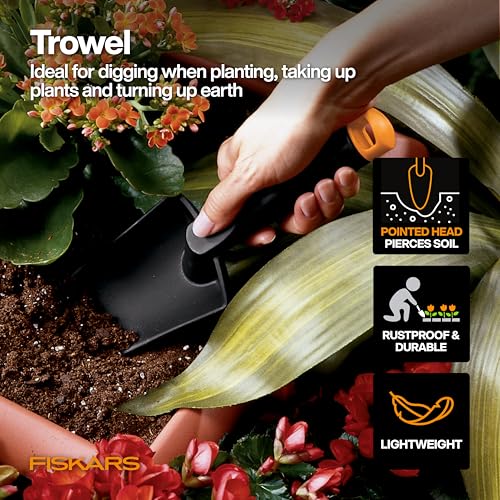 Fiskars Vegetable Gardening Essentials 6-Piece Tool Set for Cultivating, Serrated Stainless Steel Shears & 4-in-1 Seed Sower for Planting, Rust-Resistant Steel Trowel, Cultivator, Weeder, L/XL Gloves