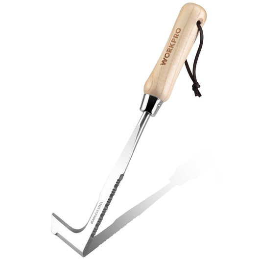 WORKPRO Crack Weeder, 12" Stainless Steel Crevice Weeding Tool with Ash Wooden Handle, L-Shaped Side-Walk Weed Puller Spatula, for Garden Lawn Yard Patio Terrace Paving Moss Garden Tool