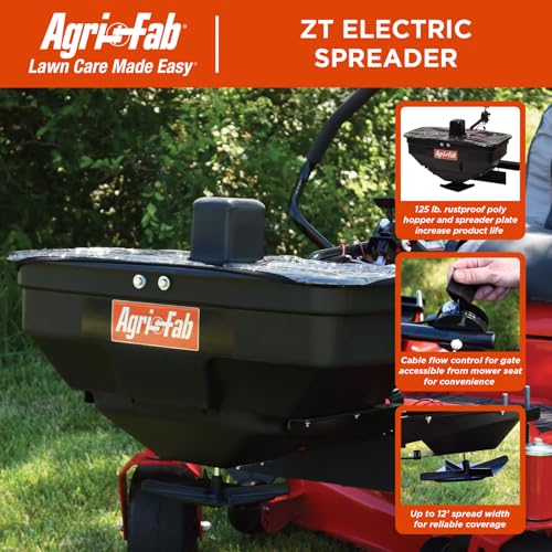 Agri-Fab 45-0627 Zero Turn Mower Electric Spreader, 125 lb Hopper Capacity, Grass, Seed, and Fertilizer Spreader, Spread Width up to 12 ft, Black