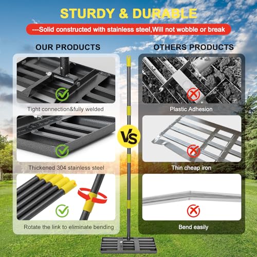 Lawn Leveling Rake - Heavy Duty 17"x10" Stainless Steel Leveler Plate,Reinforced Welds,28-60" Adjustable, Anti Flipping Smooth Edge,for Soil, Dirt,Ground,Backyard Top Dressing,Landscaping
