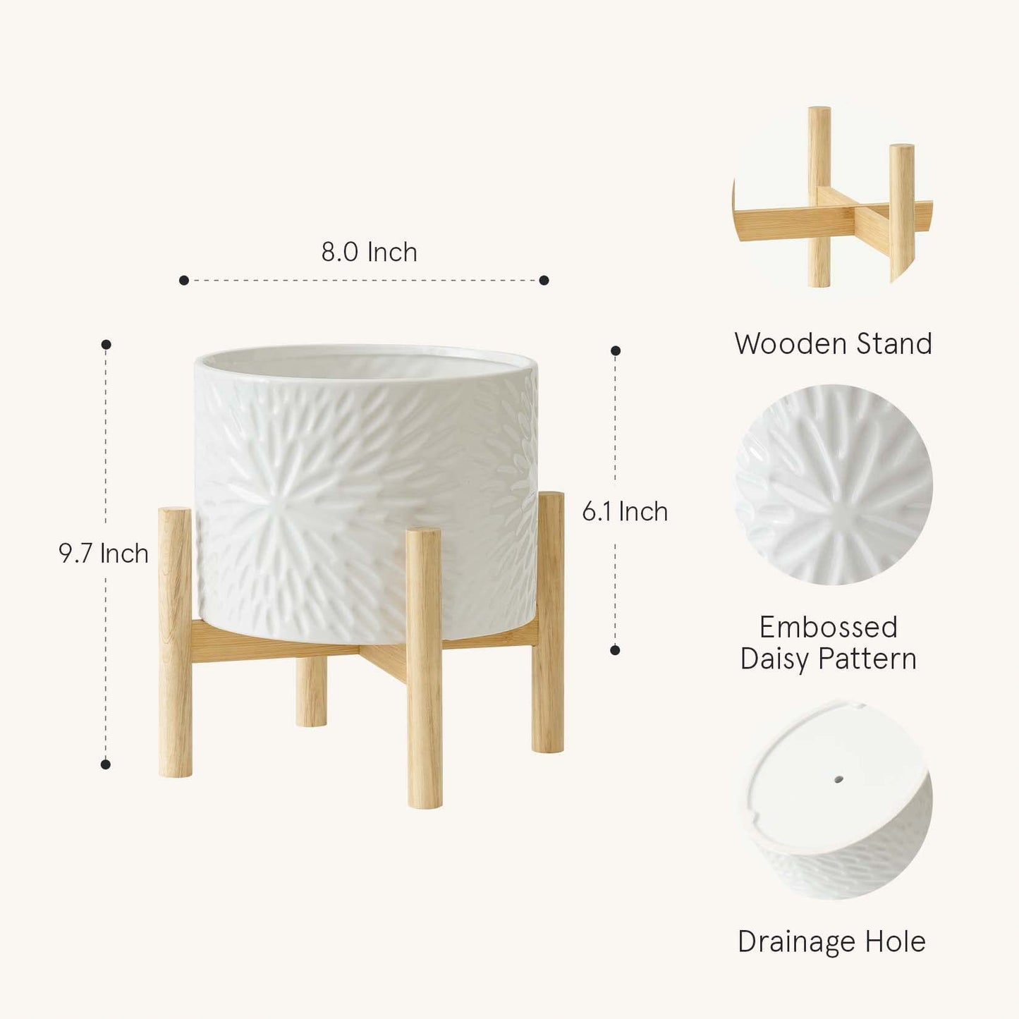 LA JOLIE MUSE White Planter with Stand,Mid Century Planters for Indoor Plants,Ceramic Plant Pot with Stand - 8 Inch Unique Modern Flower Pots Indoor with Drainage Holes