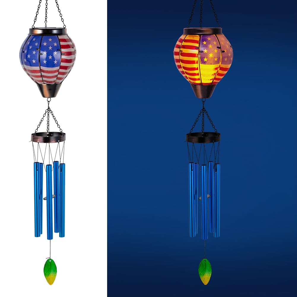 Solar Wind Chimes for Outdide,American Flag Solar Hot Air Balloon Wind Chime with Flame Flickering Light,Glass Windchimes with 5 Thicken Tubes,4th of July Decorations for Garden