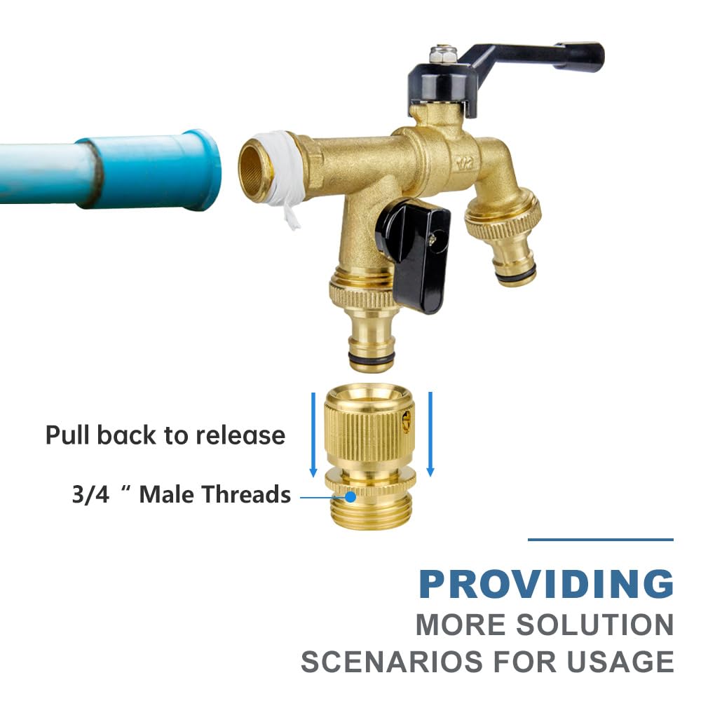 Tmok Double Taps Outdoor Water Garden Faucet 1/2" X3/4" X3/4" Double Outlet Faucet,2 Way splitter With Garden Hose Quick Connecetor,teflon taps,rubber washer for Outdoor Garden Irrigation Washing