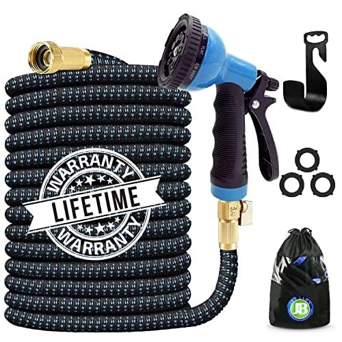 J&B XpandaHose 75ft Expandable Garden Hose with Holder - Heavy Duty Superior Strength 3750D - 4 -Layer Latex Core - Extra Strong Brass Connectors and 10 Spray Nozzle w/Storage Bag (Blue 75)