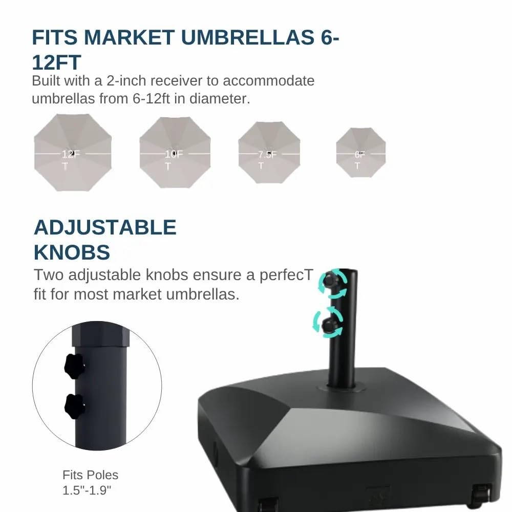 Patio Kingdom Patio Umbrella Base with Wheels, 123 lb Fillable Stand with Locking Casters, Mobile HDPE Umbrella Holder for 6-12FT Umbrellas, Wind Resistant Design for Deck, Poolside, Backyard (Black)