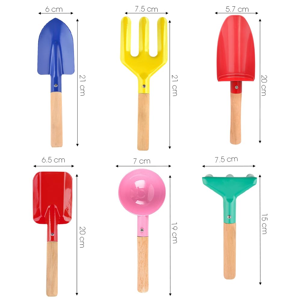 UMUACCAN Beach Toys for Kids,Beach Sand Toys, 8'' Metal Sandbox Toys with Sturdy Wooden Handle,Safe Beach Gardening Set,Spoon, Fork, Trowel, Rake & Shovel for Kids，Snow Shovel（6 pcs）