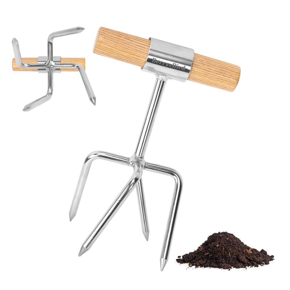 Berry&Bird Twist Tiller - 4 Stainless Steel Tines Hand Tiller for Aerating, Loosening Soil and Removing Weed, Garden Cultivator Tiller with Wooden Handle, Perfect for Raised Beds, Borders & Containers