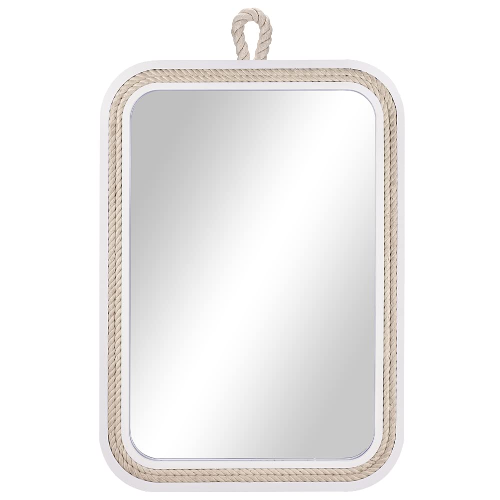 Nautical Rope Mirror Rectangle Wooden 22''Lx16''W White Decorative Mirror Farmhouse Hanging for Bathroom,Livingroom,Entryway-Beachy Coastal Wall Mirror Decor