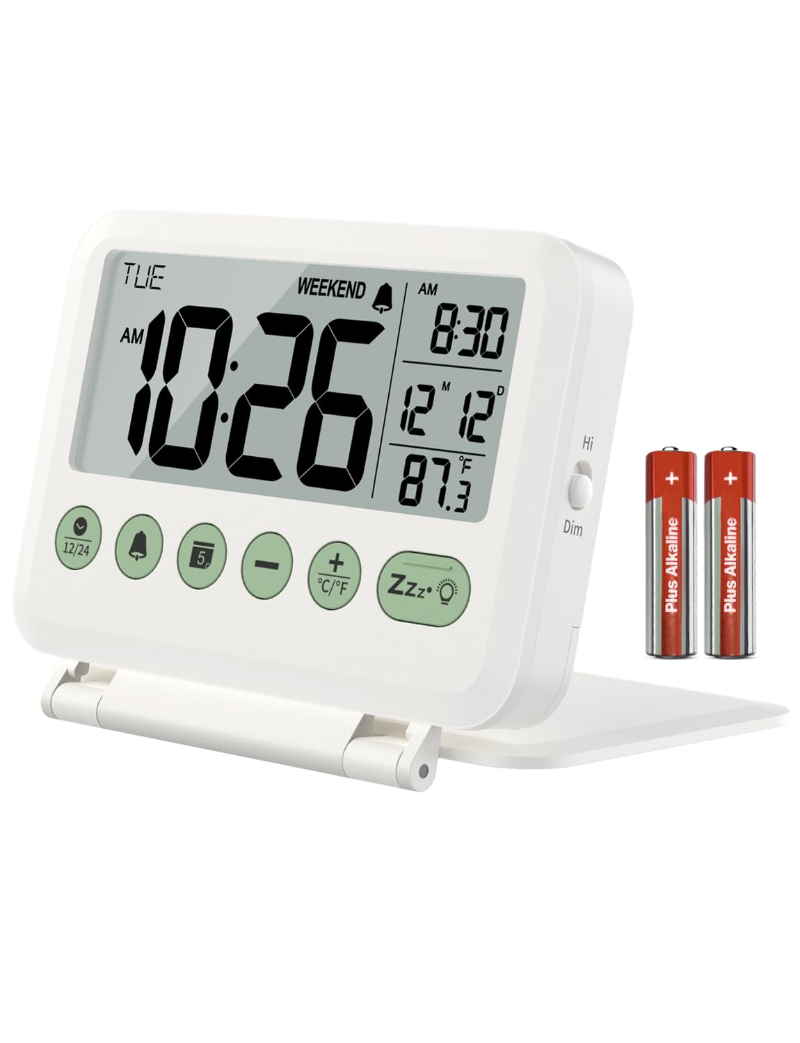 MeesMeek Digital Travel Alarm Clock - 3.54 inch LCD Display, 9-Minute Snooze, 2 Volume Levels, Backlight, Battery Included (White)