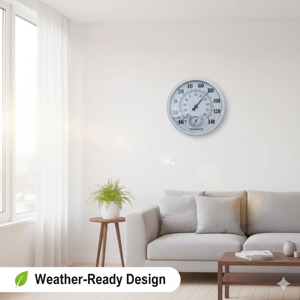 Outdoor Thermometer Hygrometer, 10 Inch Round Large White Gauge with Easy to Read Face, Waterproof Wall Mount for Patio, Garden, Garage, Home Outside Temperature and Humidity Monitor