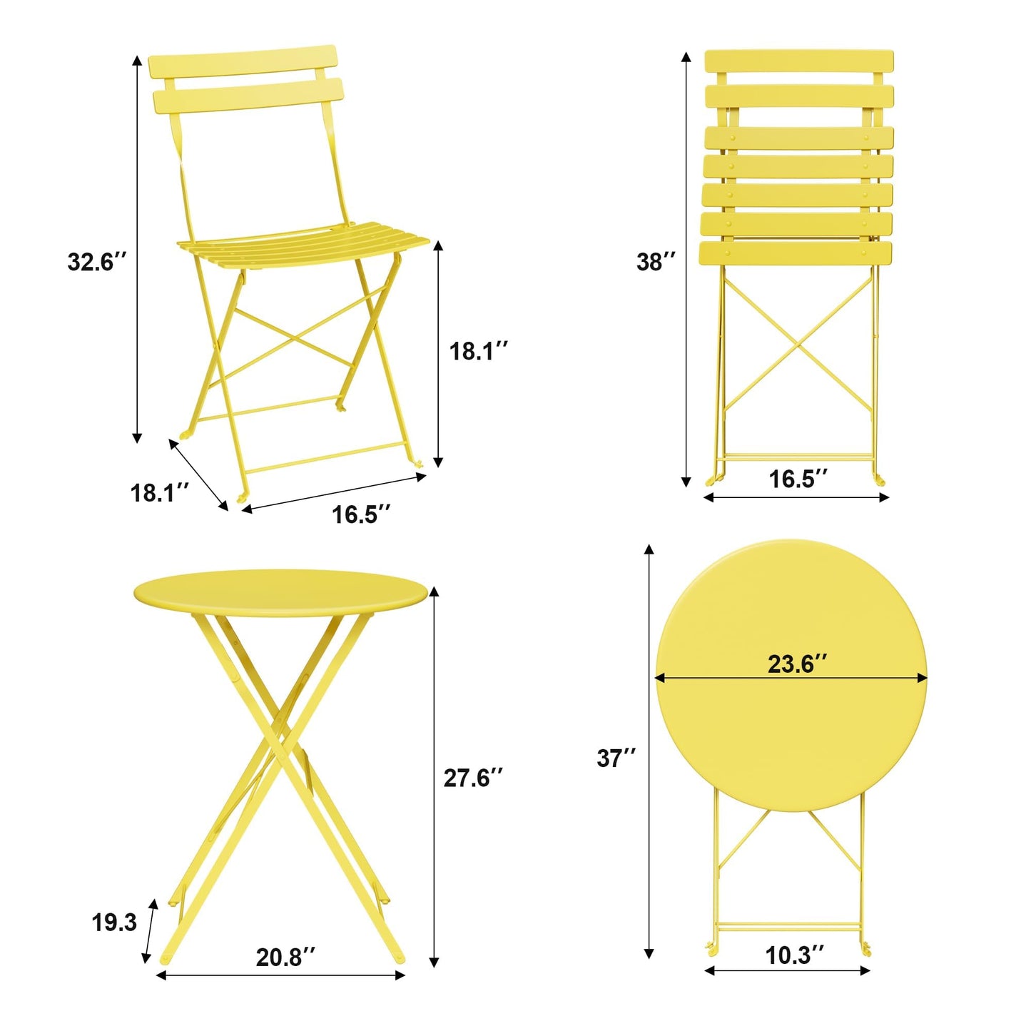 3-Piece Folding Bistro Set, Outdoor Patio Furniture Set with 2 Chairs & 1 Table, Space-Saving Foldable Balcony Garden Set with Heavy-Duty Powder-Coated Steel Frame, No Assembly Required, Yellow