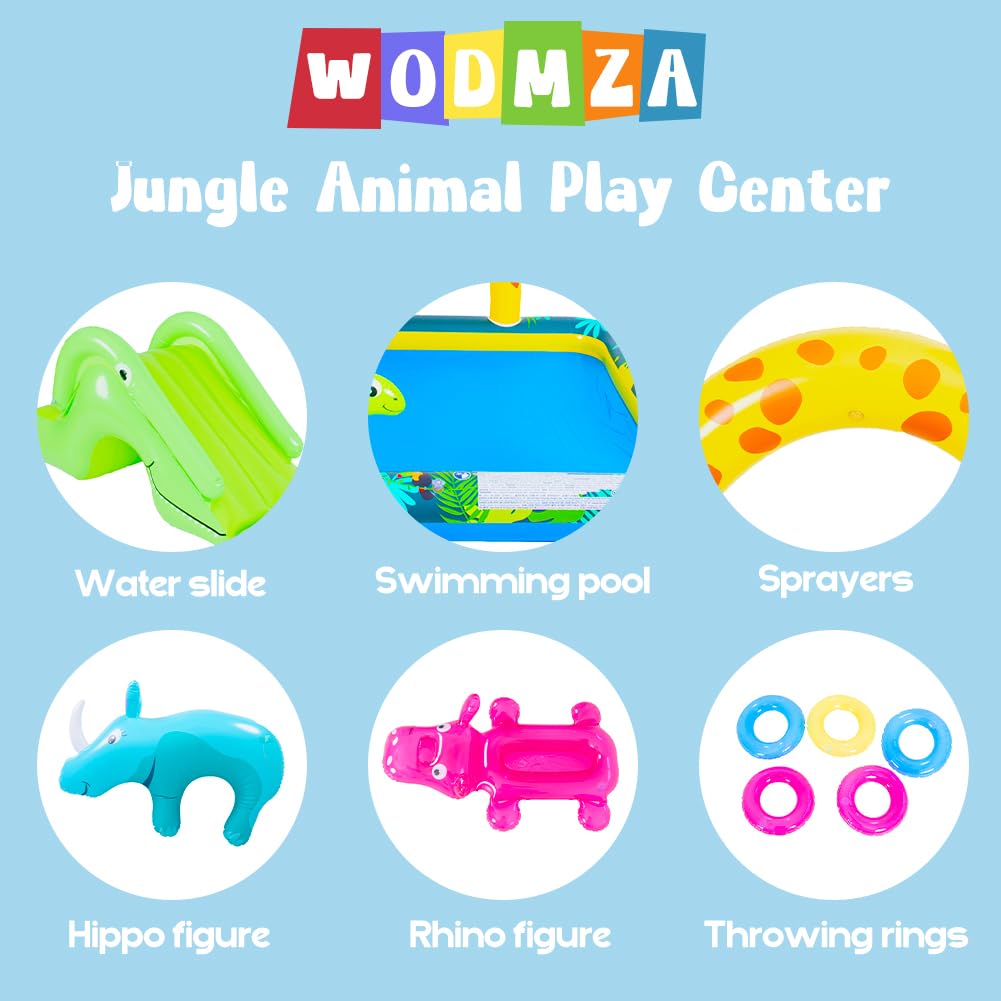Inflatable Jungle Animal Play Center, Inflatable Water Park Kiddie Pool with Slide, Water Sprayer for Summer Outdoor Splash, Backyard and Garden 102.5" x75" x 54.5"