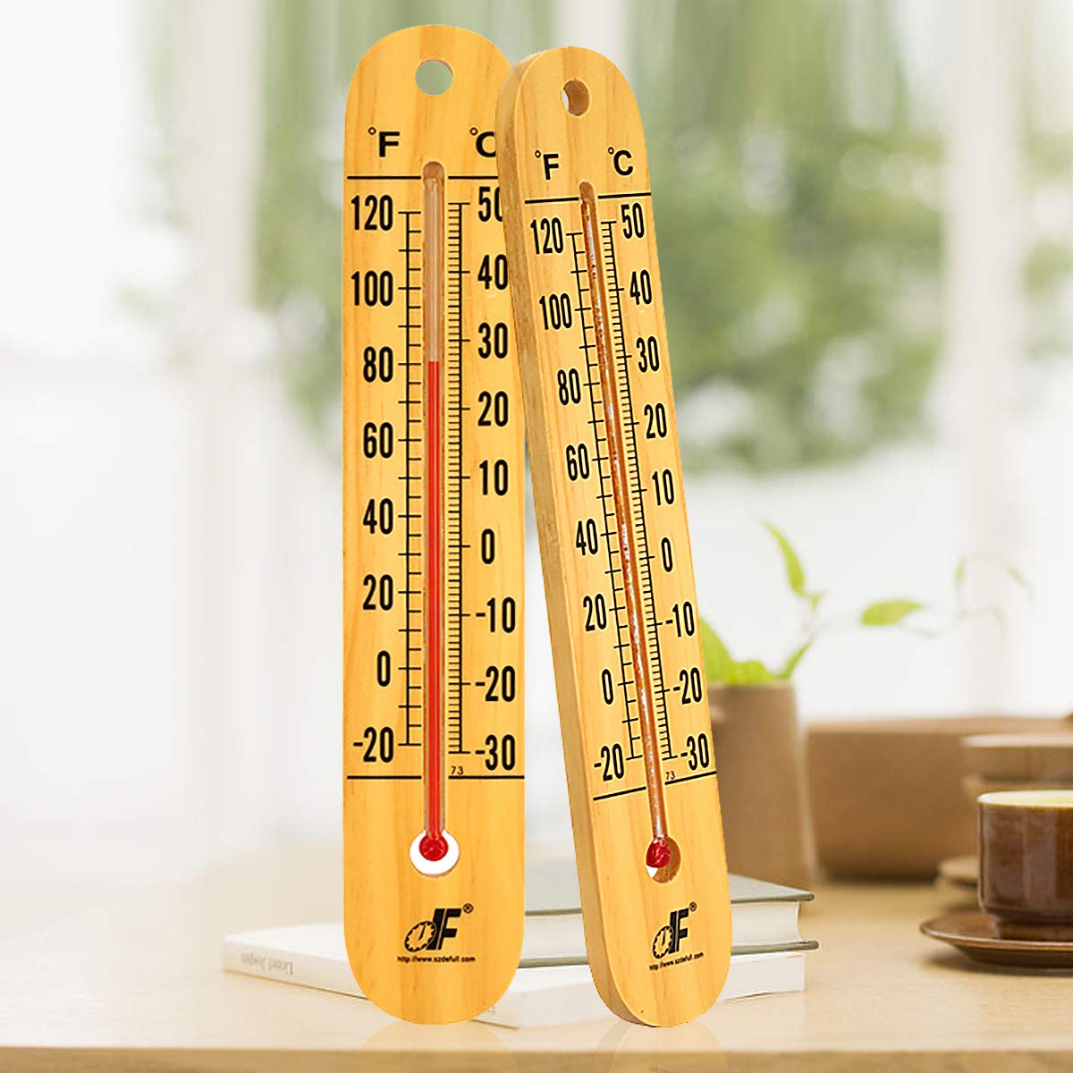 Large 10.5 Inch Vertical Wood Thermometer for Indoor & Outdoor Use, Wide Range -20°F to 120°F / -30°C to 50°C, Battery-Free with Dual Fahrenheit & Celsius Scale,Weather Resistant, Easy to Hang
