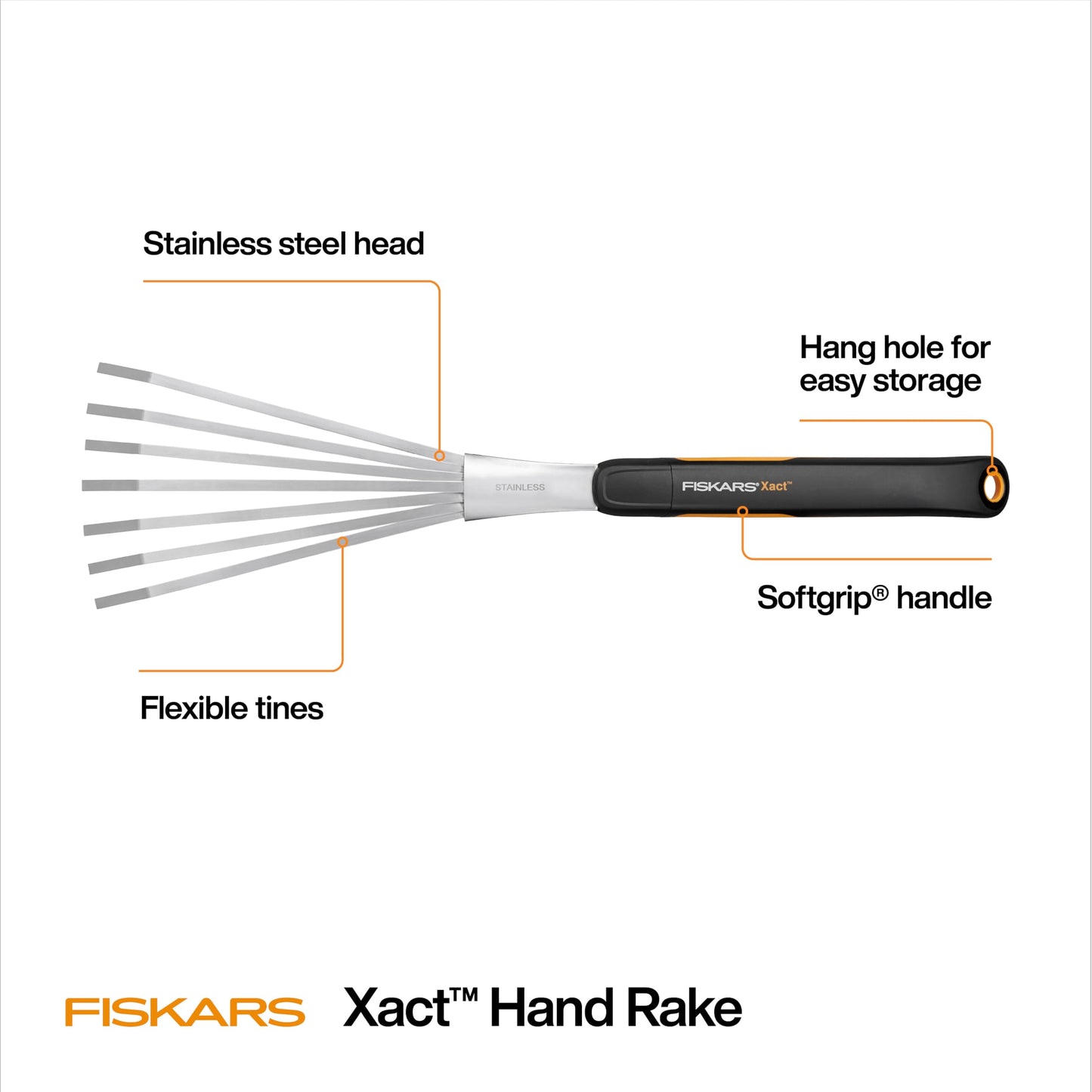 Fiskars Xact Hand Rake, Heavy Duty Gardening Hand Tool with Ergonomic Handle and Hanging Hole for Storage, Stainless Steel Head and Tines, Perfect for Maintaining a Raised Garden Bed
