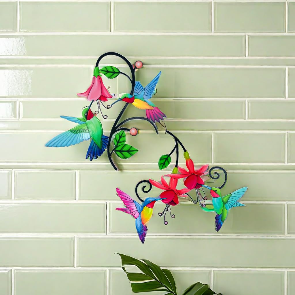 Meduofon 2 Pack Metal Hummingbird & Flower Outdoor Wall Art Decor, Creative Wall Decor for Patio, Fence, Deck, Garden, Home, Kitchen, Balcony