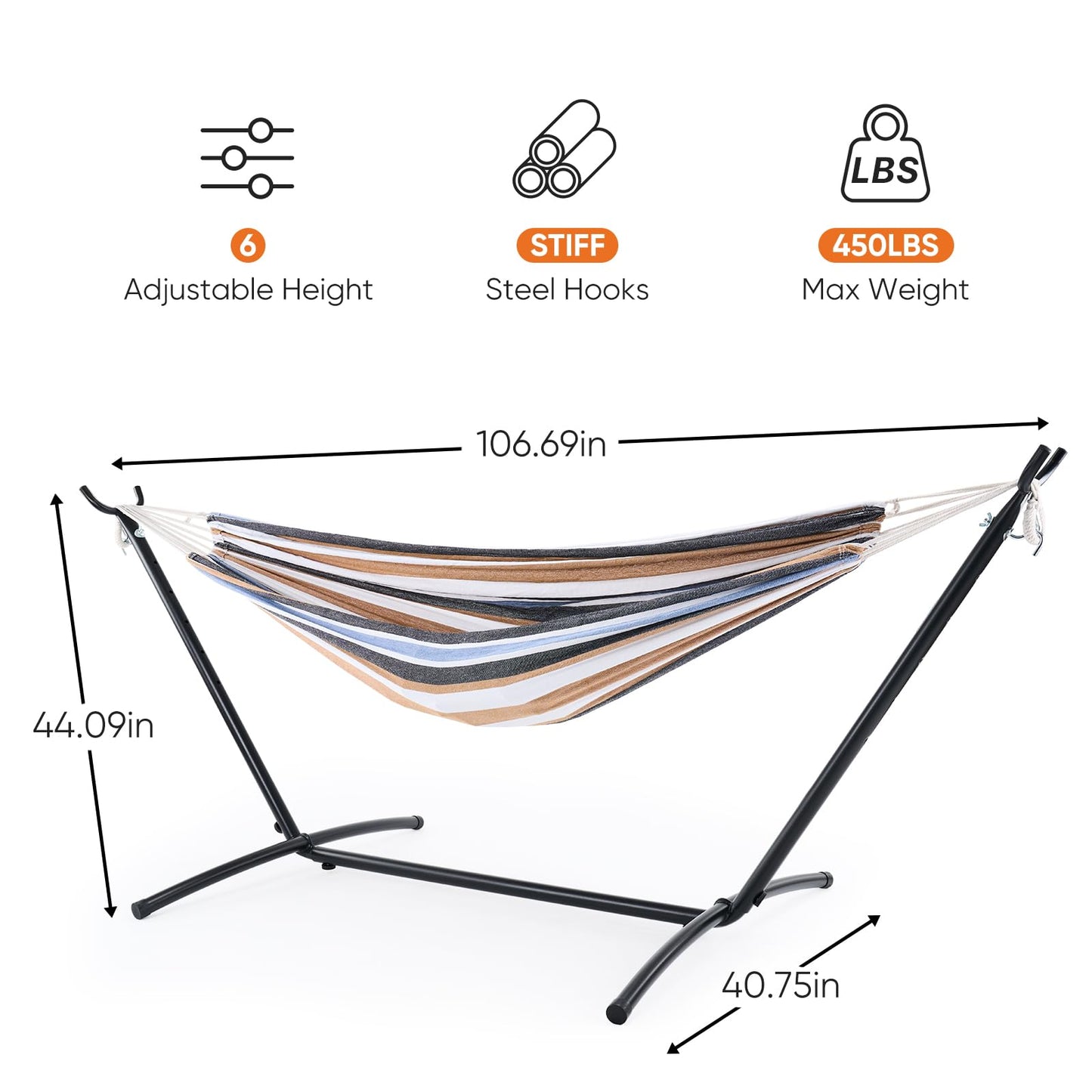 Sweetcrispy Double Hammock with Space Saving Steel Stand Heavy Duty 2 Person Standing Hammocks 450lb Capacity for Outside Garden Yard with Portable Carrying Bag, White