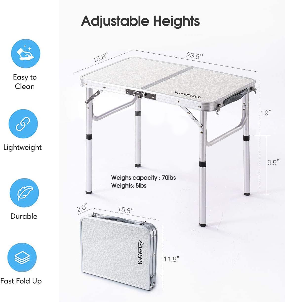 Folding Camp Table Small, 24''L x16''W with Adjustable Height Legs, Indoor Outdoor Lightweight Portable Aluminum Dining Table for Picnic Camping 2-Feet（2 Heights 10"/19"）