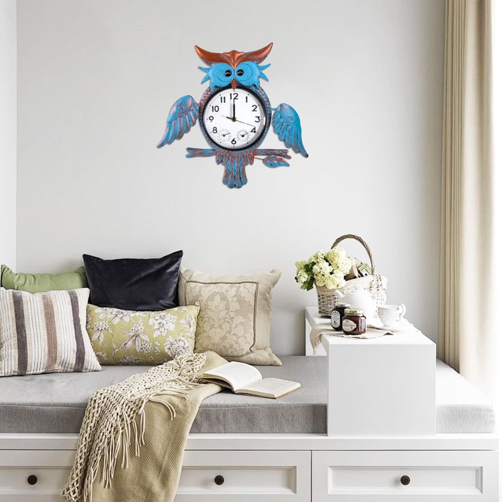 HOBYLUBY Outdoor Clock Silent Non-Ticking, Outdoor Wall Clocks with Thermometer & Humidity, Quartz Clocks Waterproof Decor for Patio Garden Living Room（Blue Owl）