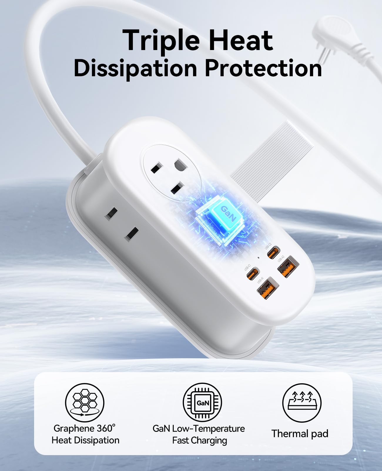 ORICO 65W GaN Travel Power Strip with 7-in-1 Charging Ports (3 AC Outlets/2 USB-A/2 USB-C), Flat Plug and 4FT Extension Cord, Fast Charger for MacBook Pro/Air, iPad Pro, iPhone 17/16/15- AP3