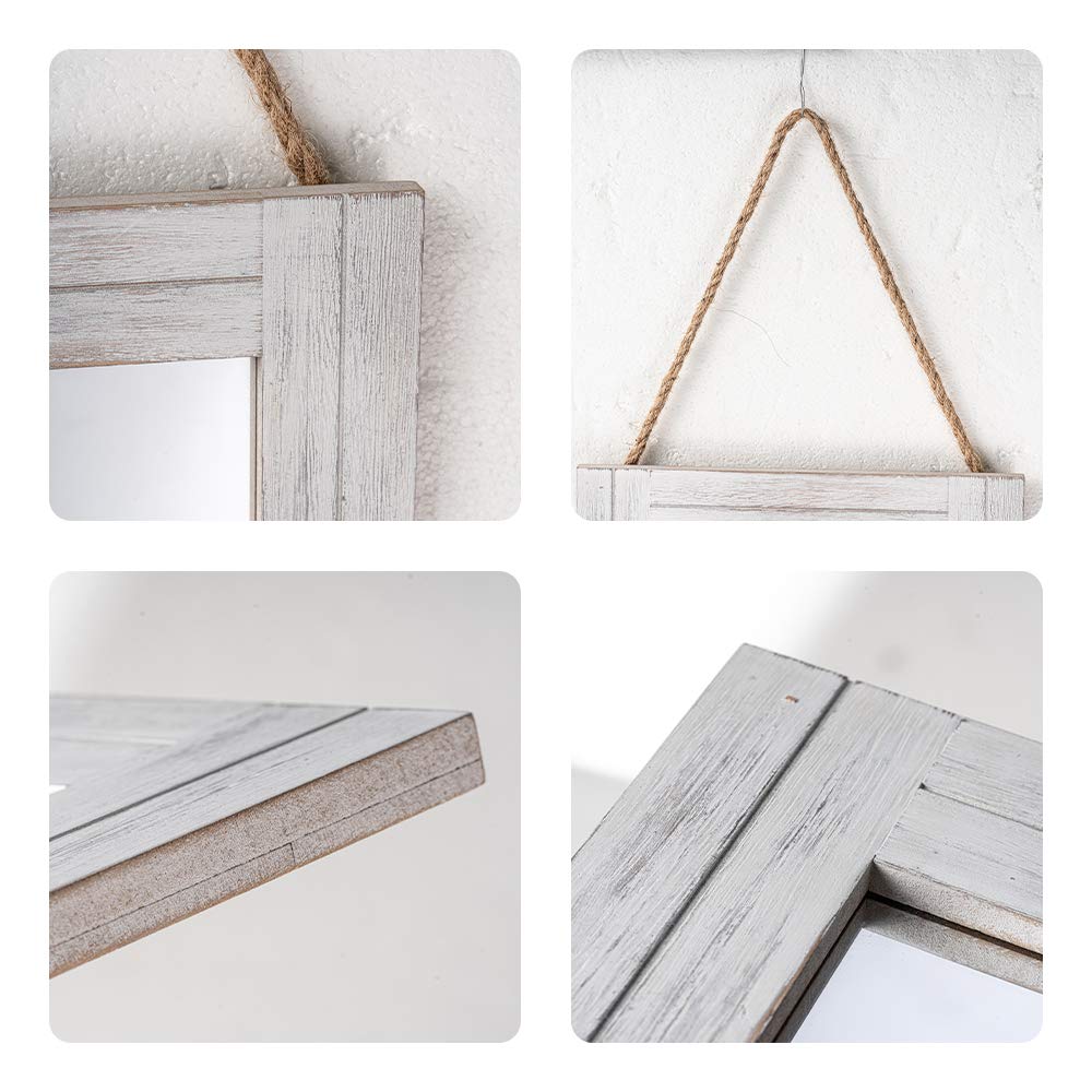 DECORKEY Rectangle Wall Mirror for Bathroom, Distressed White Wood Decor with Hanging Rope for Rustic Home Decor, Vanity, Living Room 12"×16"
