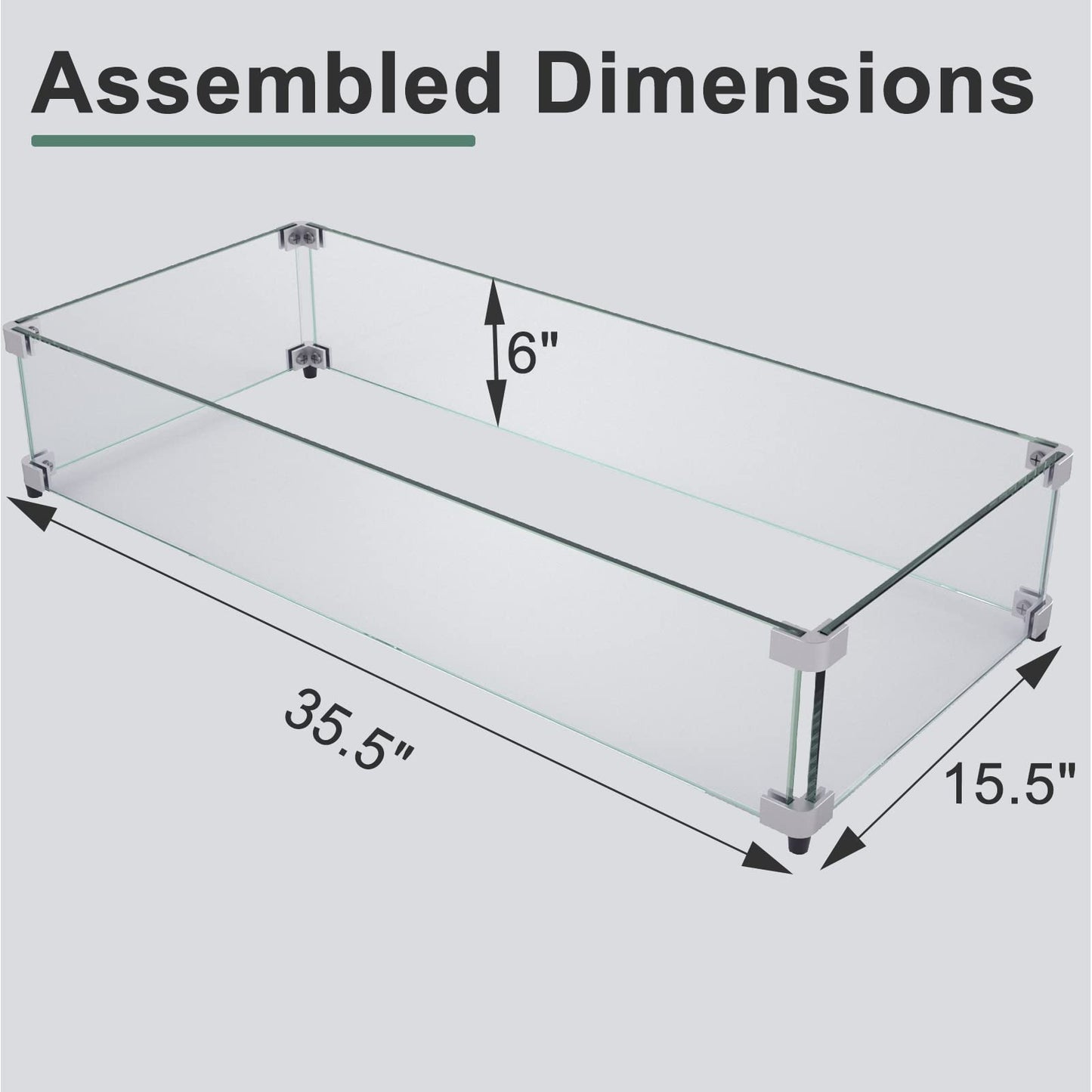 GASPRO 35.5 x 15.5 Inch Glass Wind Guard for Rectangular Fire Pit Table, Thick and Sturdy Tempered Glass Panel with Hard Aluminum Corner Bracket & Rubber Feet, Easy to Assemble