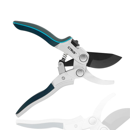 CYRUS Pruning Garden Shears with Ratchet labor-saving Lever, Carbon Steel Non-Stick Blade, Aluminum Handle & Safety Lock, Sharp Flower Scissors for Trimming Branches Up to 0.9 Inch