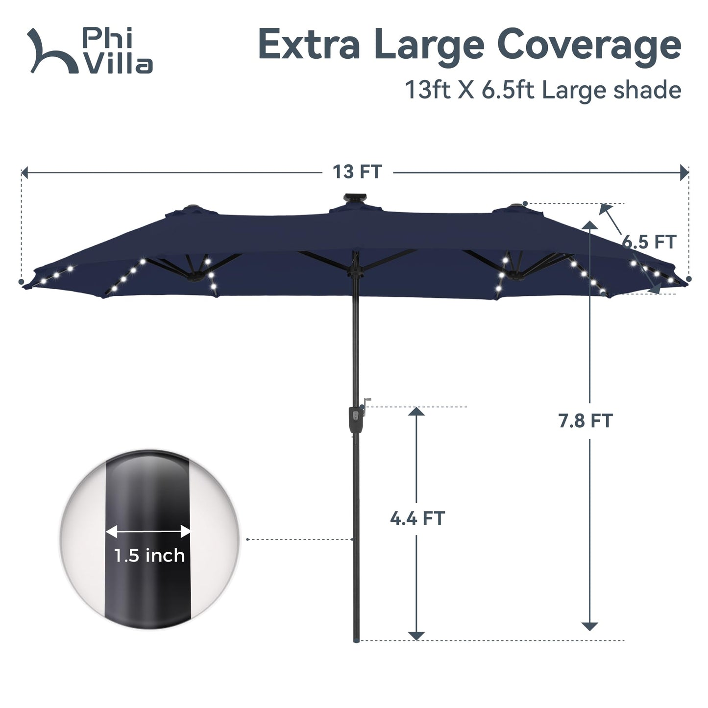 PHI VILLA 13ft Patio Umbrella with Solar-Powered 120 PCS LED Color-Changing Lights, Triple-Head Large Rectangle Umbrella Outdoor Patio for Table with Crank Lift,Navy Blue(No Base)