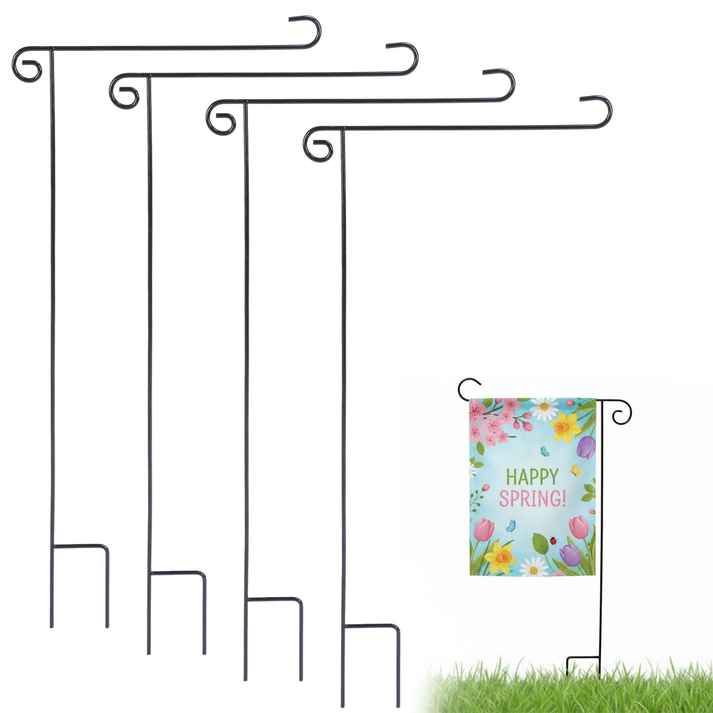 Shimeyao 4 Pack 40" H Garden Flag Holder Stand One Piece Yard Flag Holder Pole No Assembly Heavy Duty Black Wrought Iron Weather-Proof Yard Pole for Outside Outdoor Garden Flags Decoration