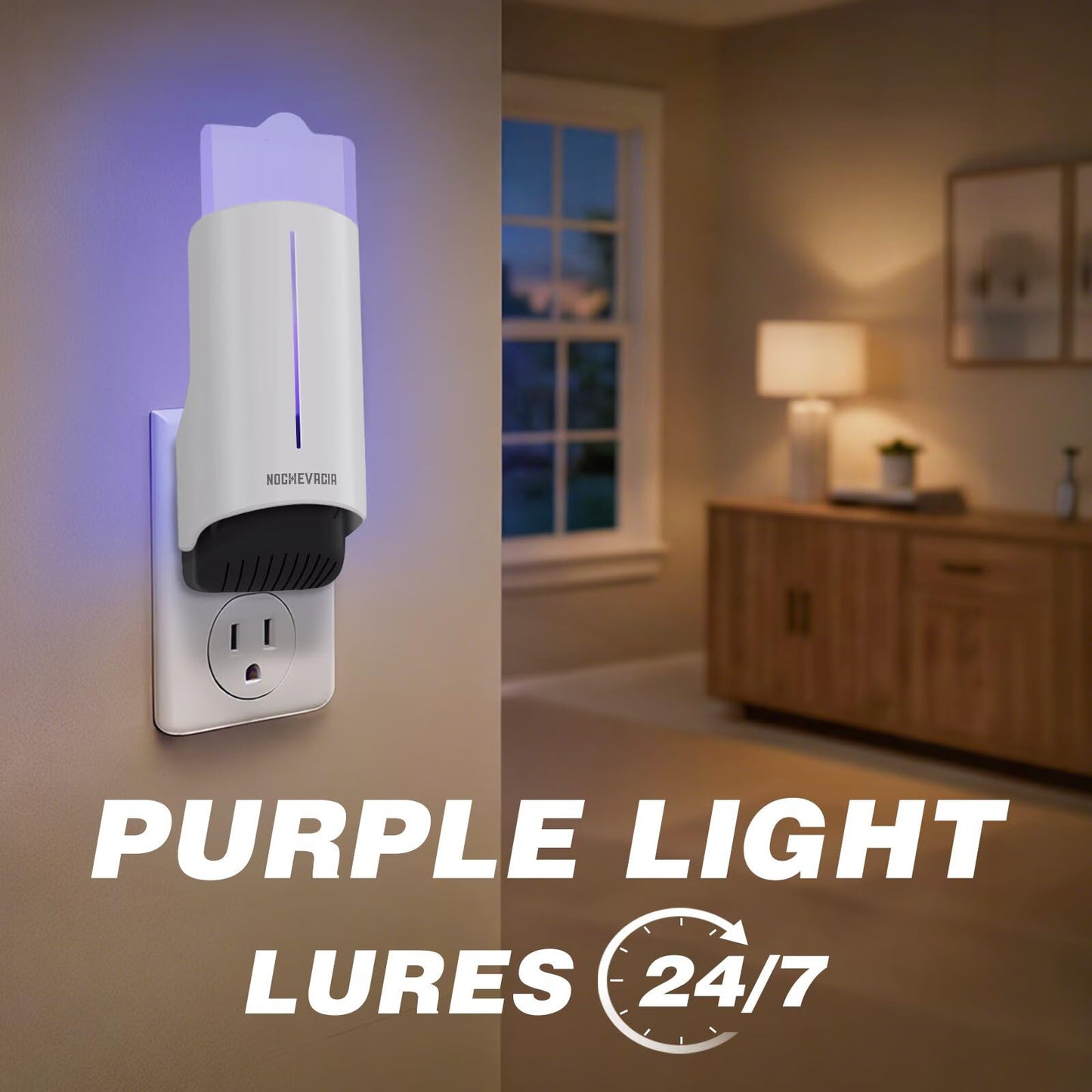 NocheVacia 2 Plug-in Flying Insect Traps & 10 Refills, Effective Fly Trap for Indoor Use, Small Bug Catcher with Purple Light for Fruit Flies, Gnats, Moths and Mosquitoes