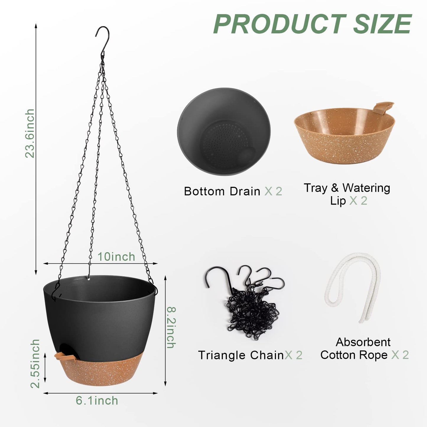 Vanslogreen Hanging Planters for Indoor Outdoor Plants, 2 Pack Self Watering Hanging Pot with Drainage Holes & Removable Tray (Black, 10'')
