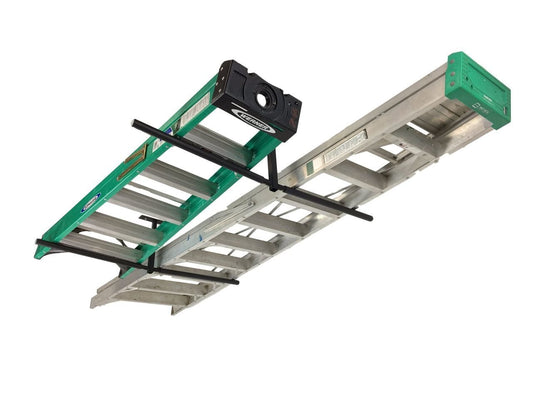 StoreYourBoard Adjustable Overhead Ladder Rack – Garage Organizer Ladder Shelf for Step & Extension Ladders - Storage Racks and Shelving for Garage Organization - Ceiling Mounted - Holds 150 lbs