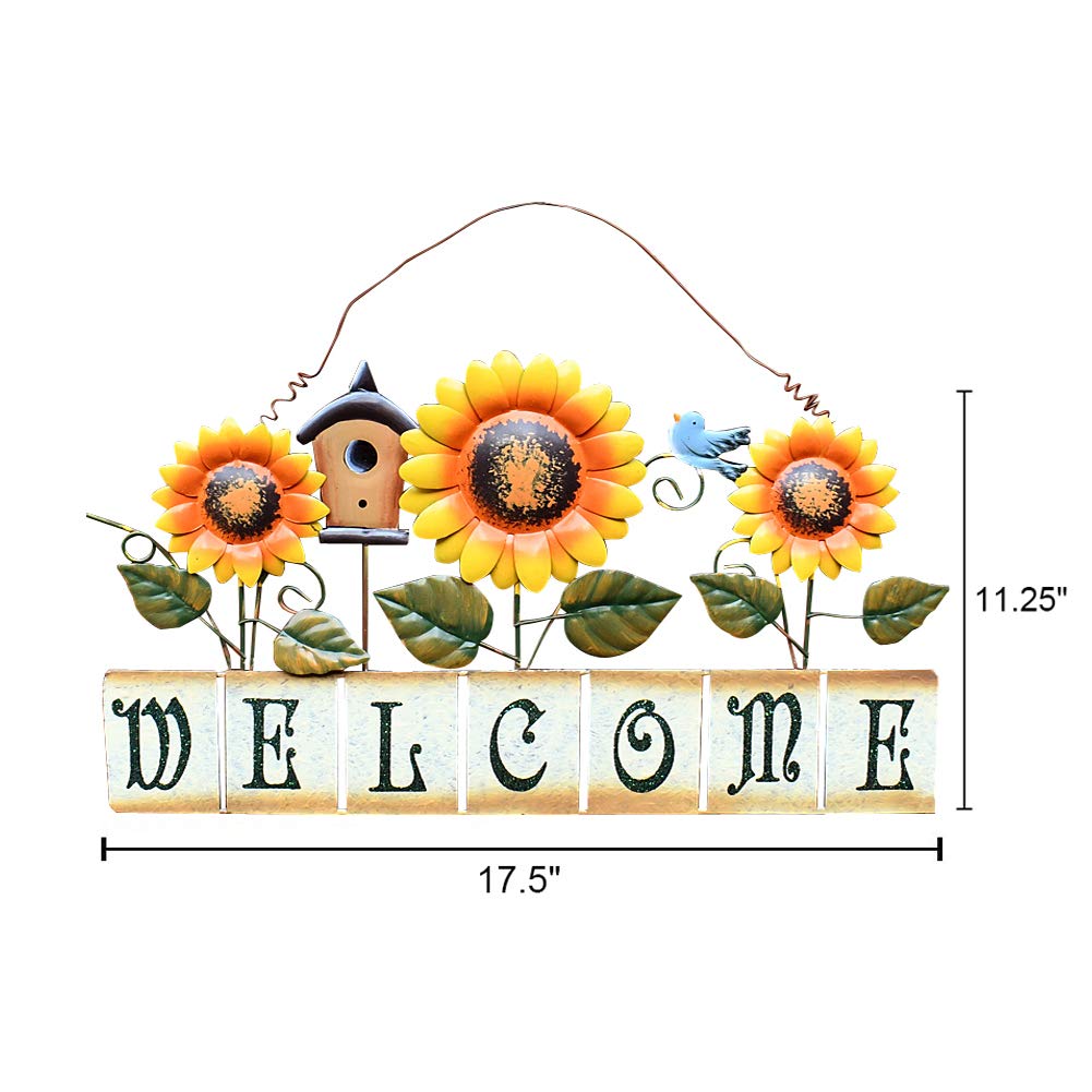 Sunflower Welcome Sign Metal Hanging Welcome Plaque for Wall Front Door - Decorative Flower Yard Signs Spring Wreath Decor for Garden Porch Patio Backyard (D)
