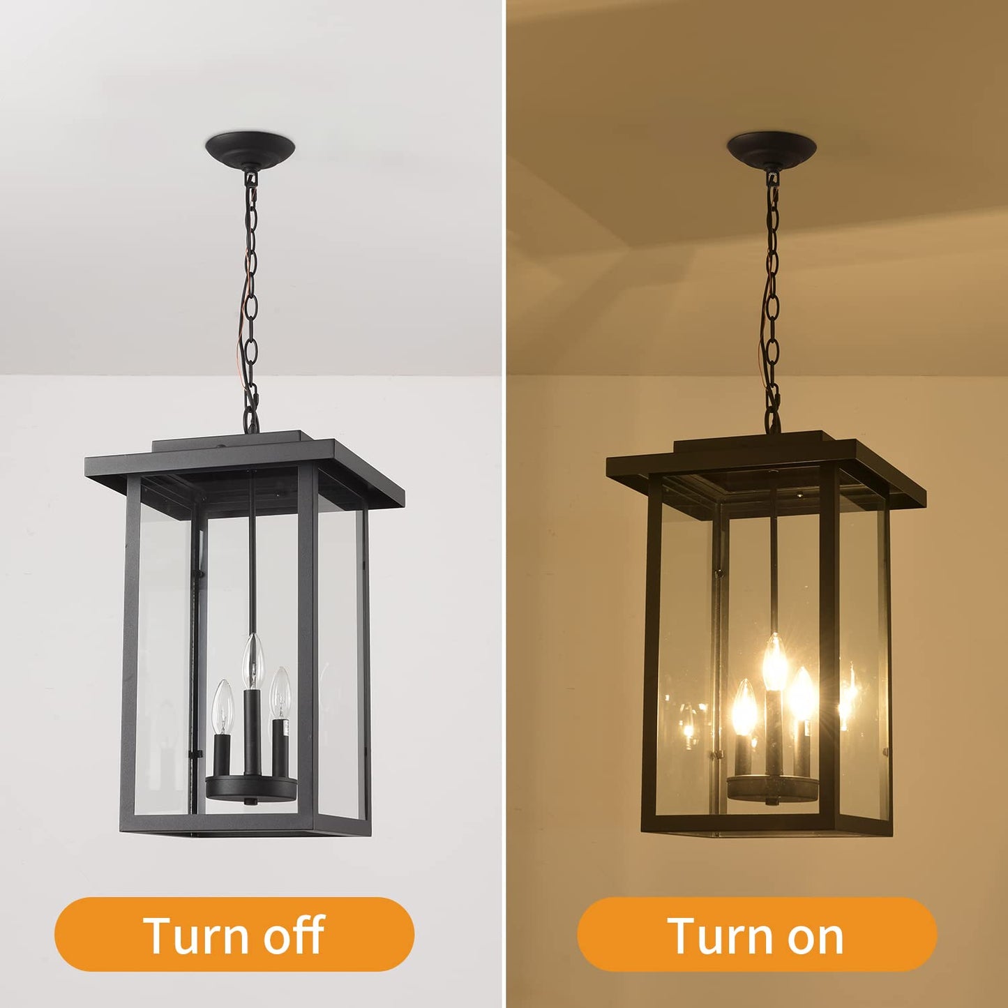 Smeike Outdoor Pendant Light Exterior Hanging Lantern, Large Outdoor Hanging Porch Light, Matte Black Finish with Clear Glass, 3 Light Outdoor Chandelier