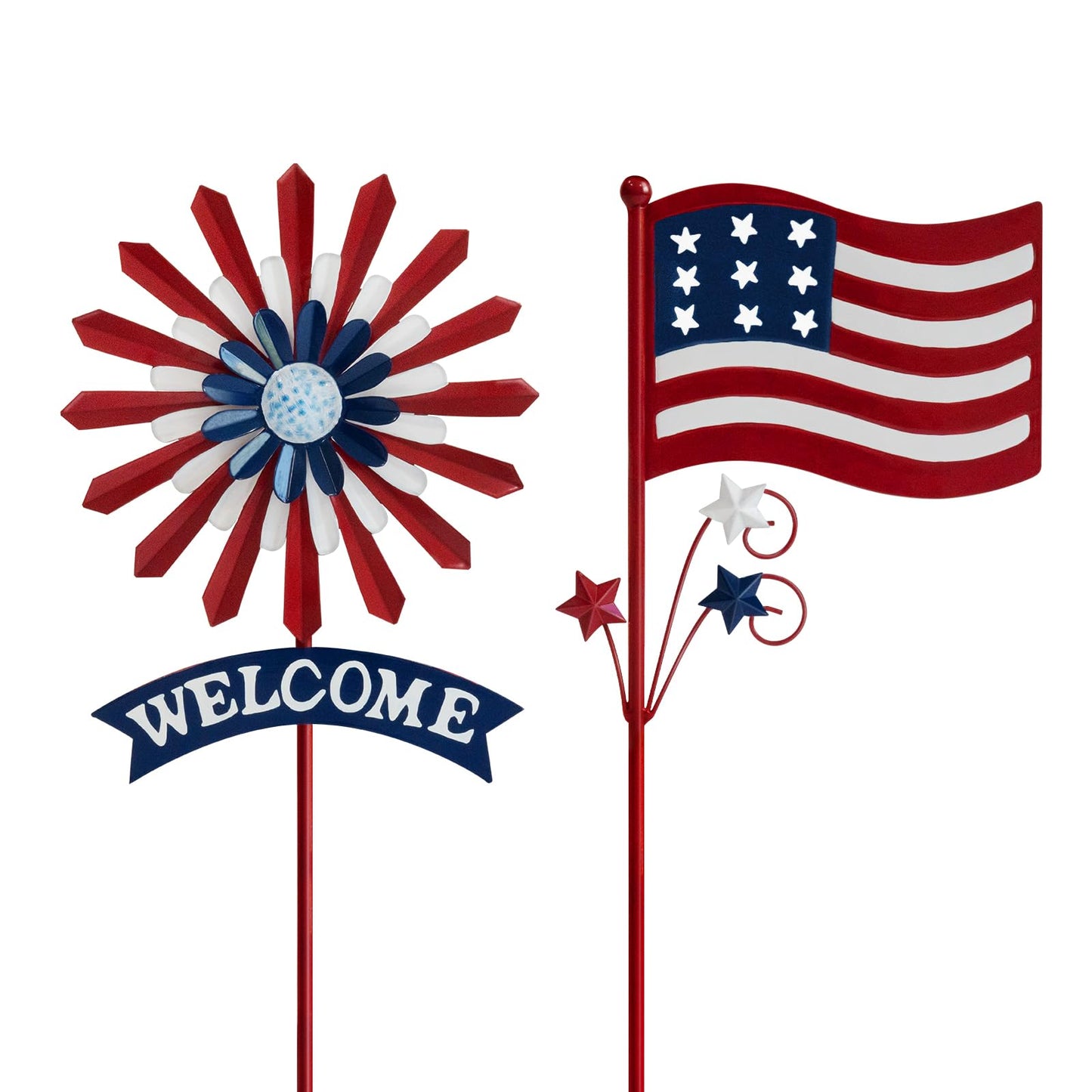 A ANLEOLIFE Decorative Garden Stakes for Outside, Metal Garden Decor Rustic American Flag and Welcome Sign, Yard Stakes Indoor & Outdoor Patio Lawn