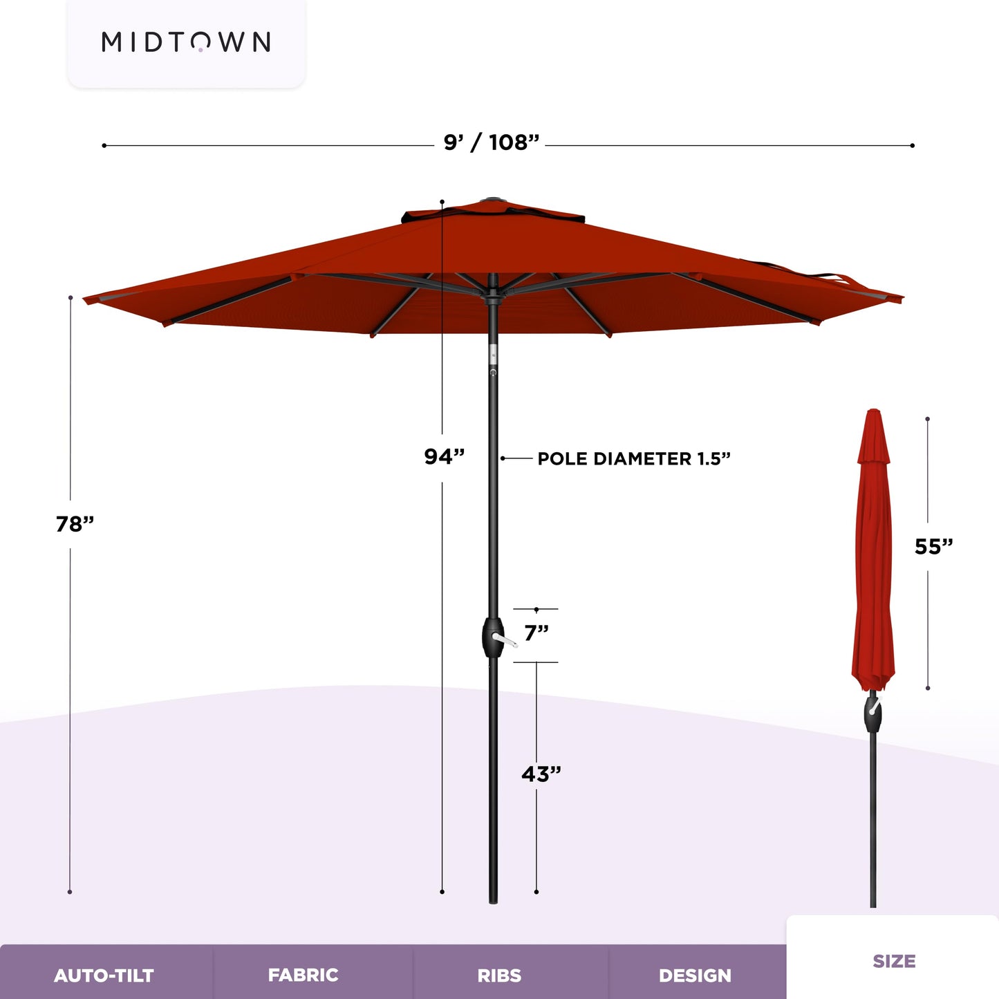 Midtown Umbrellas - 10-Year-No-Fade 9 Ft Patio Umbrella with Terylast Fabric, Auto-Tilt Aluminum Frame and 8 Reinforced Ribs for Deck, Pool, Garden & Beach - Apple Red Canopy, Black Pole