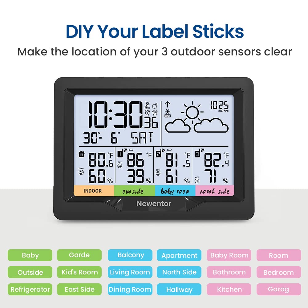 Newentor Weather Station Wireless Indoor Outdoor Multiple Sensors, Digital Atomic Clock Weather Thermometer, Temperature and Humidity Monitor, Forecast Weather Station with Backlight, Black