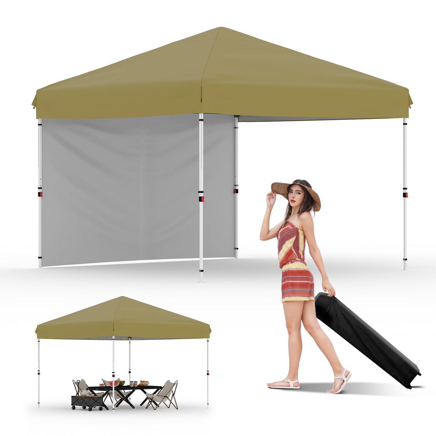 GarveeLife 10x10 Pop Up Canopy with One Sidewalls Easy Up Camping Tent with One Button Push Setup 1 Roller Bag 3 Adjustable Height 4 Weight Bags (Khaki)