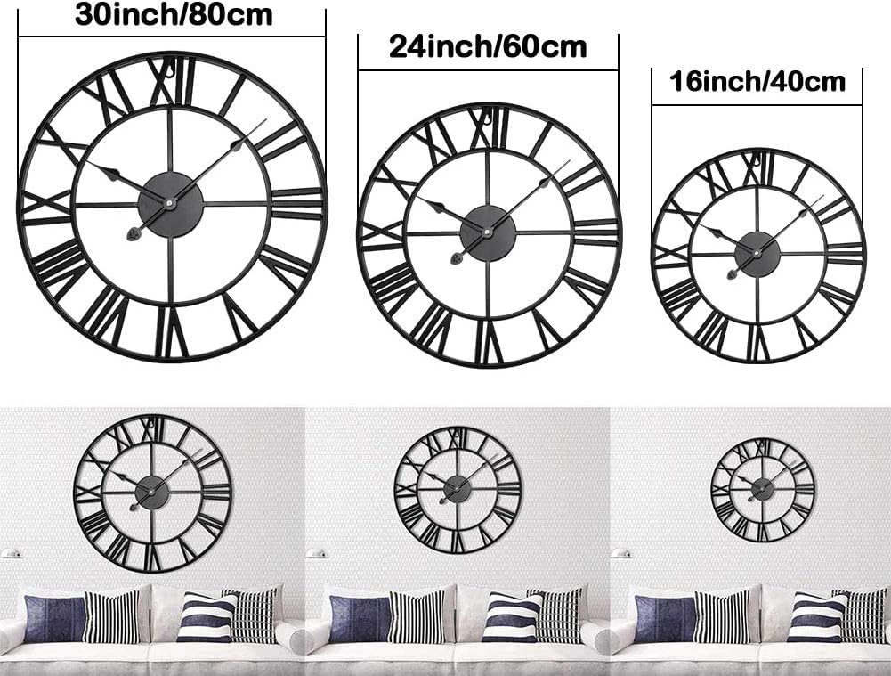 Antique Tower 24 inch Large Roman Numeral Wall Clock, Indoor Outdoor Patio Waterproof Oversized Decorative Contemporary Clock, Antique Black Metal Wall Clock Battery Operated Retro Art Hanging Clock,2
