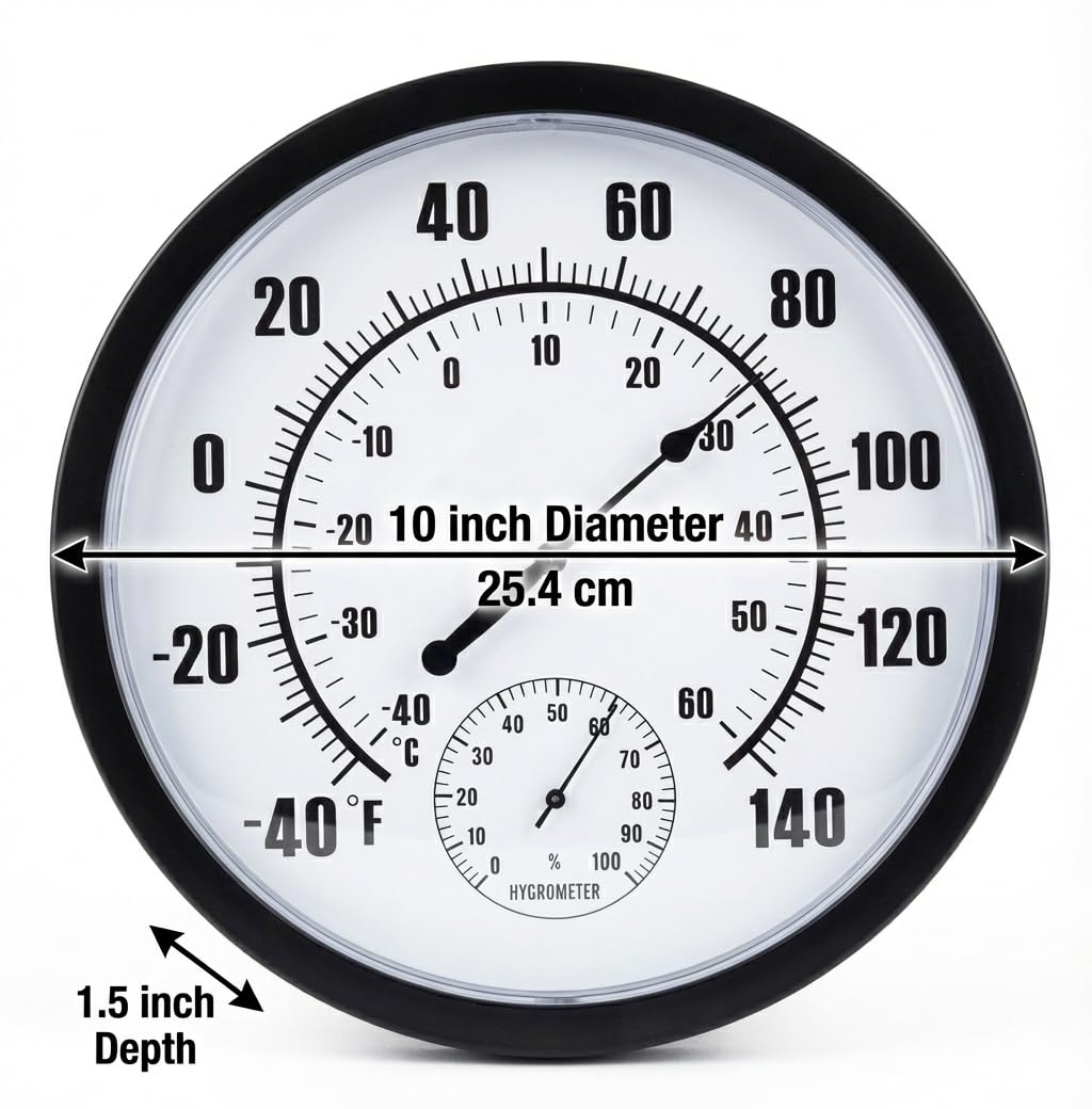 QTengCX 10 Inch Large Indoor Outdoor Thermometer & Hygrometer - Waterproof Analog Wall Thermometer for Patio, Garden, Garage, Greenhouse - Decorative Dial, No Battery Needed, Black