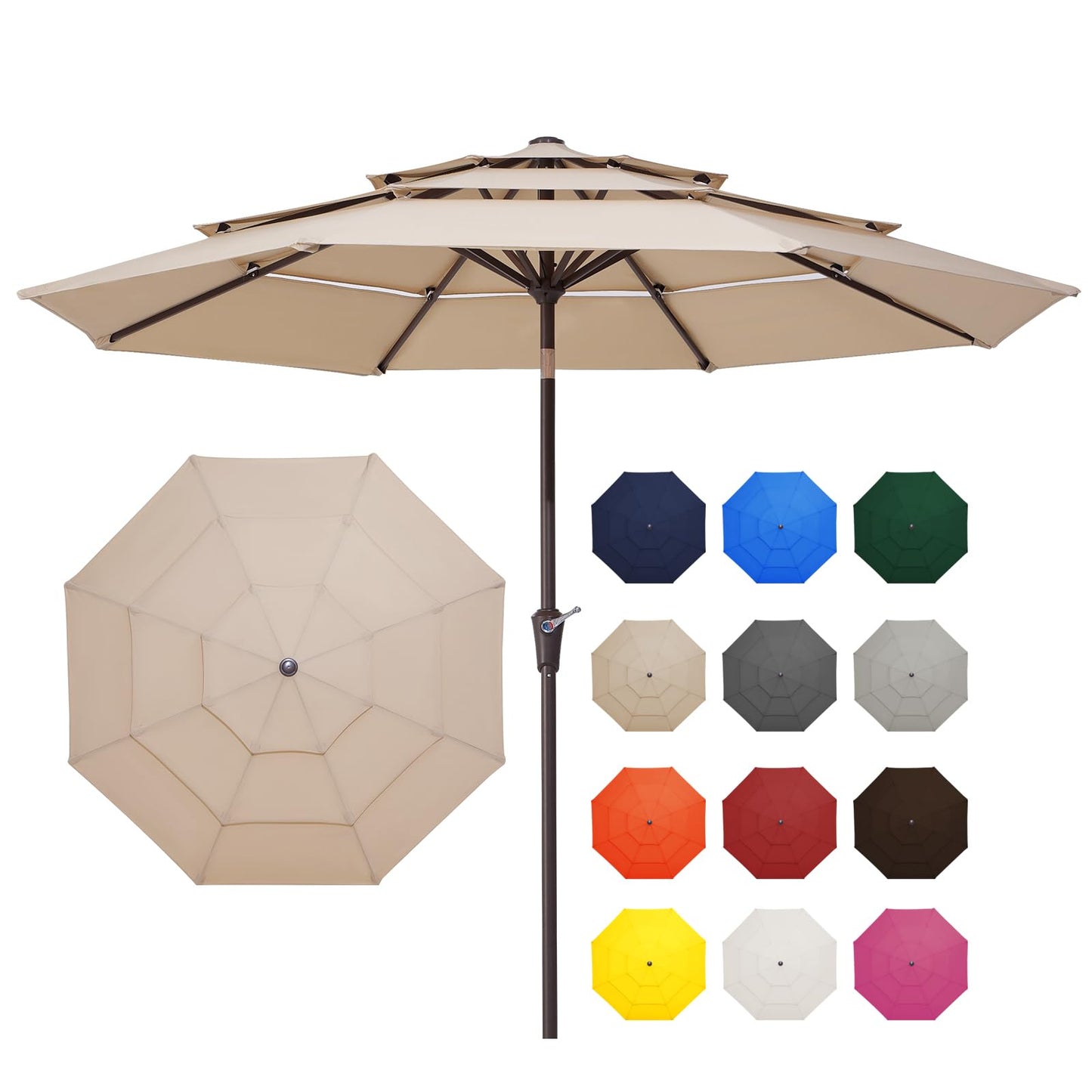 JEAREY 9FT 3 Tier Patio Umbrella Outdoor Market Umbrella Table Umbrellas with 8 Ribs 1.5 Pole Push Button Tilt and Crank UV Protection for Garden,Beige