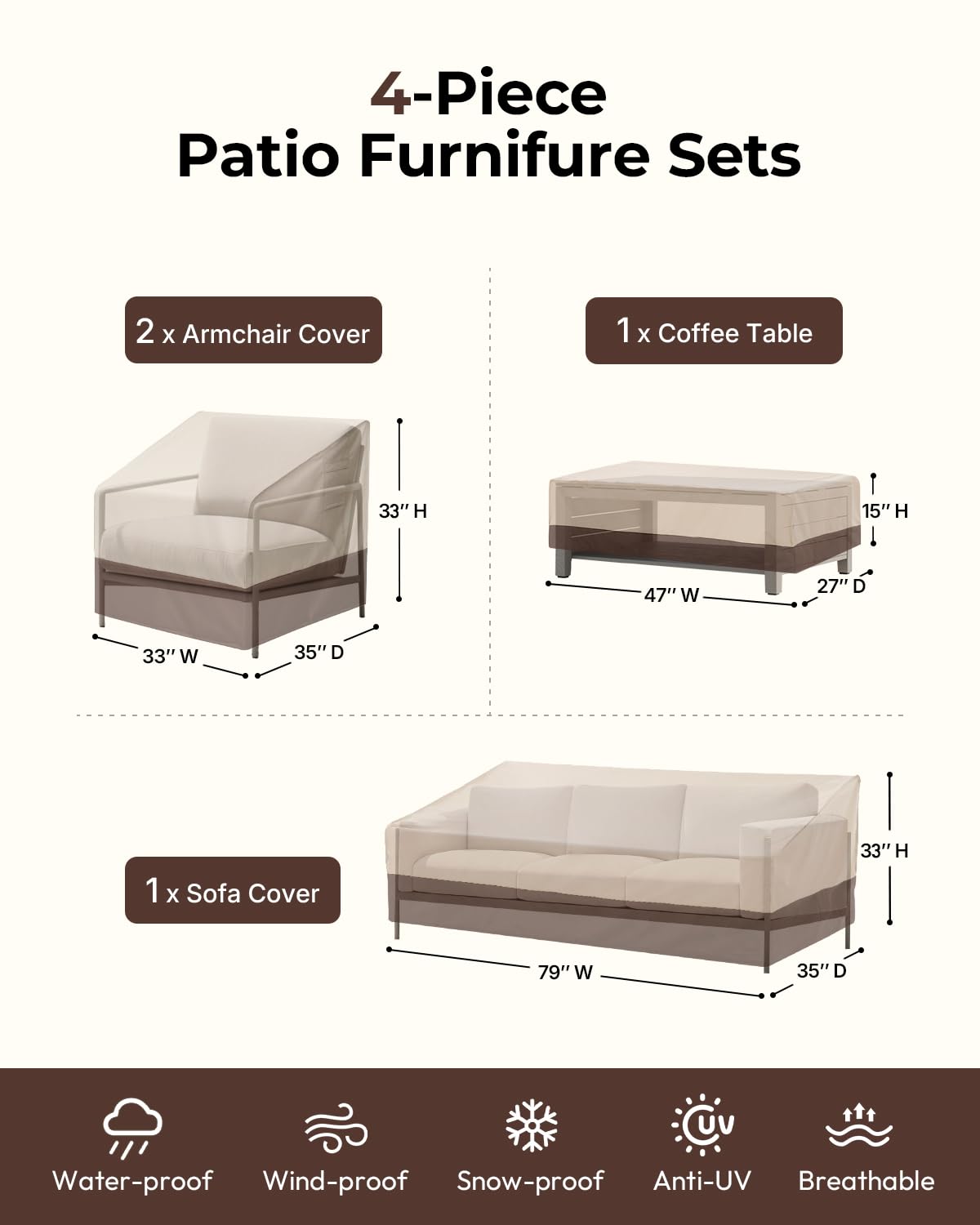 loriano Patio Furniture Cover Set, 4 Piece Outdoor Furniture Cover Waterproof, 600D Heavy Duty Lawn Patio Set Covers (Large)