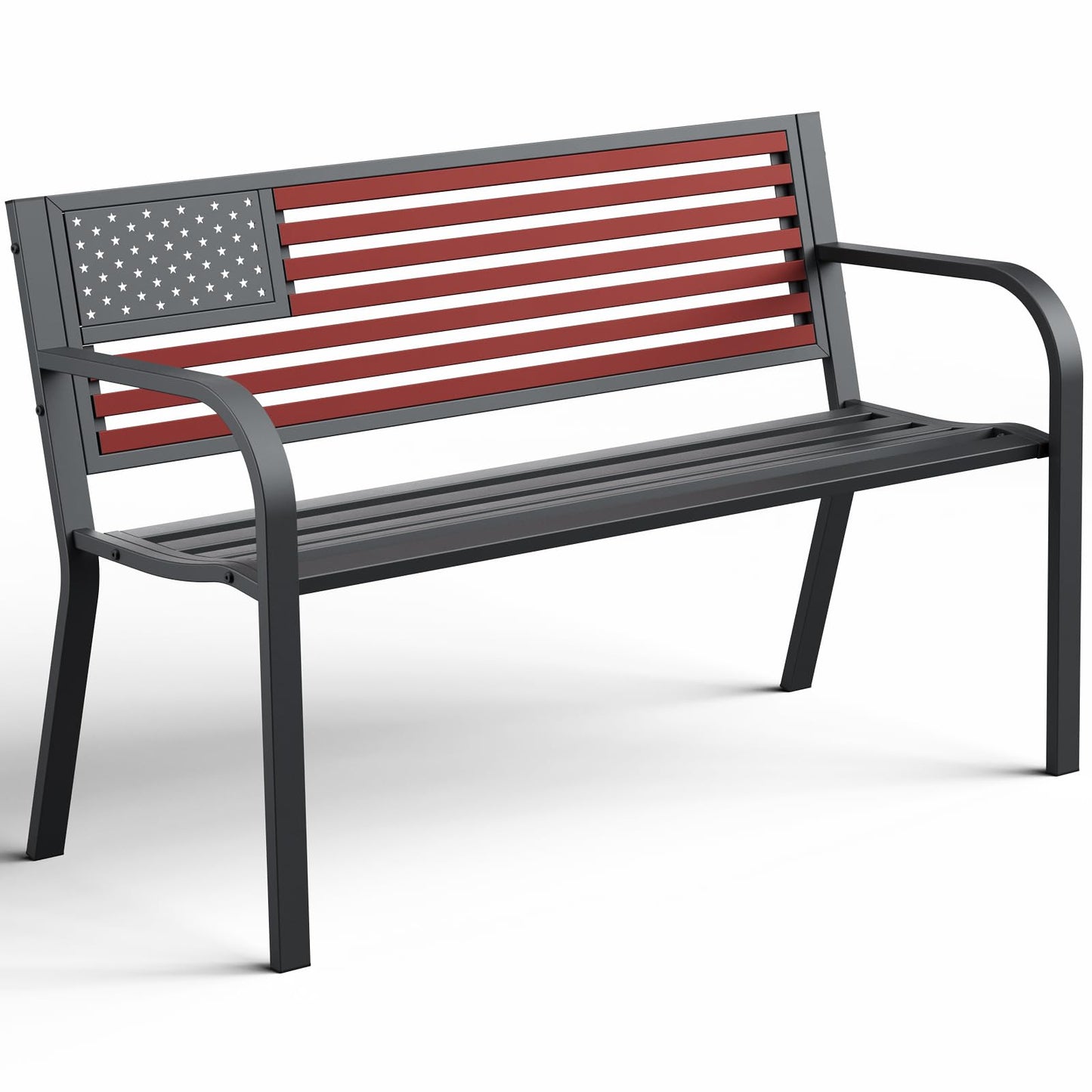 MAKE CHANGES Outdoor Bench, Sturdy Metal Garden Bench with Classic Stars and Stripes Design Metal Backrest, 2-Person Patio Bench for Outside Seating, Cast Iron Steel Porch Yard Lawn Furniture, Red